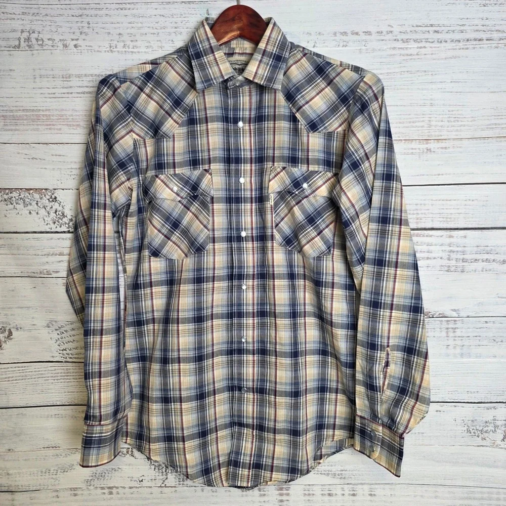 Vintage 1984 Levis Western Pearl Snap Shirt Mens Small Plaid Blue Tan Light Thin